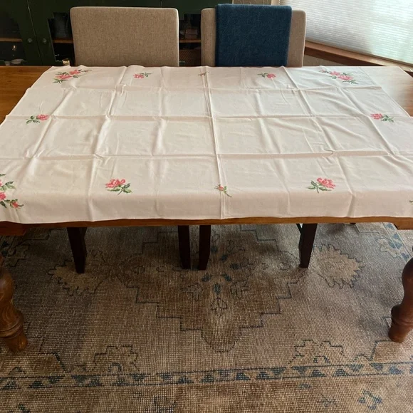 Vintage White Linen Tablecloth with Pink and Green Flowers and Leaves - Picture 3 of 9